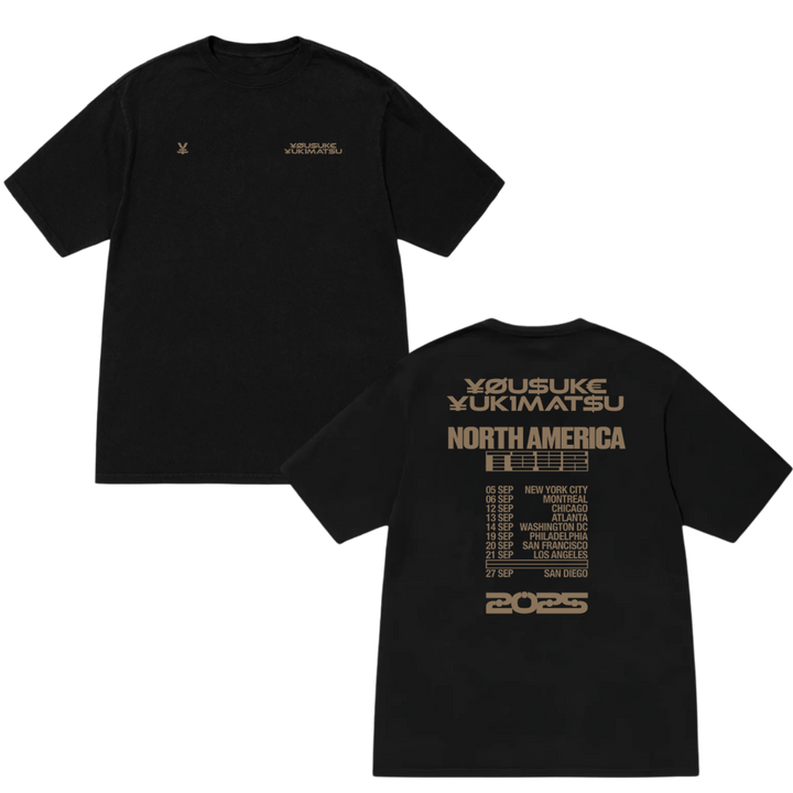 Black t-shirt with text and graphics on a white background